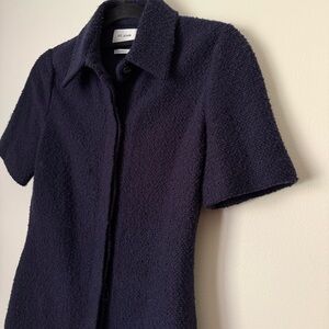 St John Boucle Short Sleeve Sweater Button up Shirt, Navy, Size XS